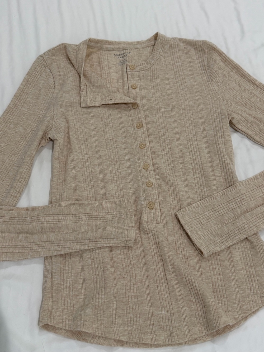 American Eagle Outfitters Beige Ribbed Long Sleeve Henley